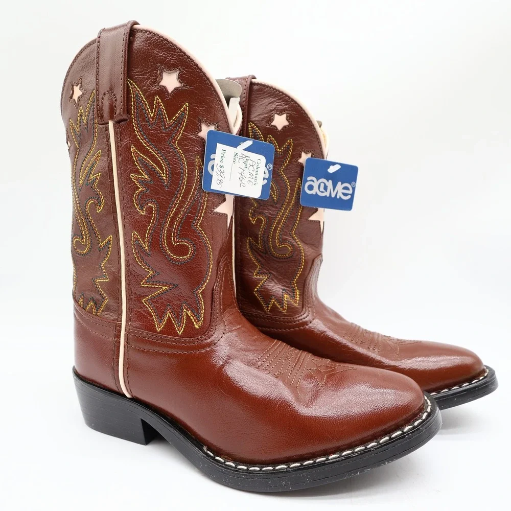 Acme Western Boots Childs 1 D Brown Star Inlay Leather New In Box Vintage Style